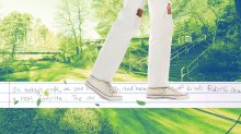 Collage illustration of a teenager walking along a path made from lined notebook paper with their handwritten reflection.