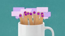 A collage of popsicle sticks in a mug with conversation bubbles behind them