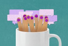 A collage of popsicle sticks in a mug with conversation bubbles behind them